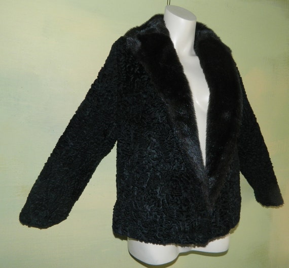 M Vintage 70s Black Faux Fur Coat Faux Persian La… - image 6