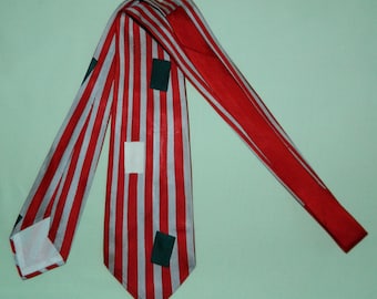 52" by 3-3/4" 40s Swing Tie All Silk Red and Silver Stripe with Abstract Box or Rectangle Abstract Design VFG