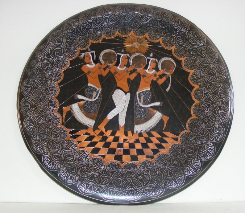 Egyptian Dancers Hand Hammered Copper Charger Inlaid and Engraved Mid Century Modern Wall Hanging shops Decor