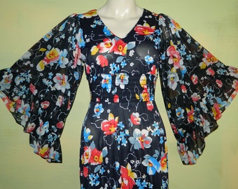 70s Floral Maxi Dress, Angel Sleeves, Smocked Waist (XS/S)
