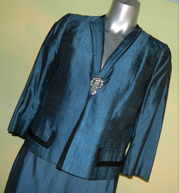 XS S 60s Skirt Suit 100% Pure Silk Dupioni Metall… - image 3