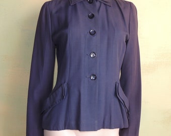 1940s Hourglass Blazer - Dark Blue Vintage Suit Jacket (Size S)