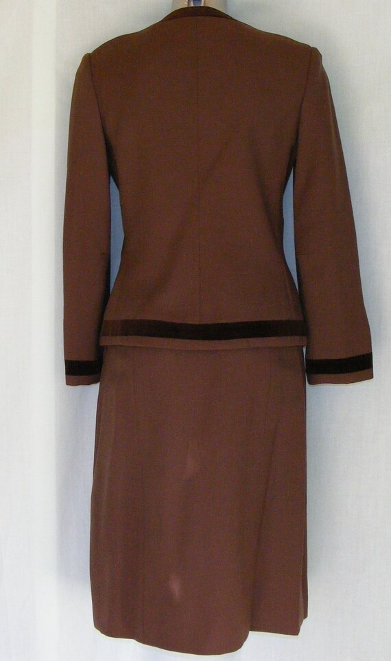 XS S 60s Brown Wool Skirt Suit Coffee Velvet Trim… - image 4