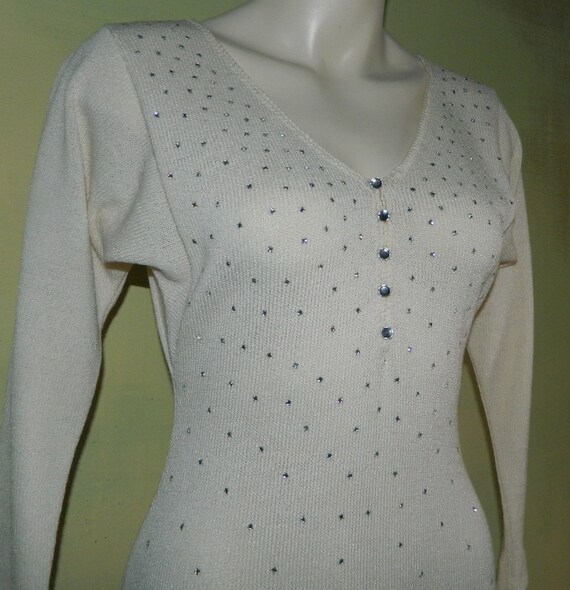 M 70s Sweater Dress E Eysen Knit Formal Rhineston… - image 1