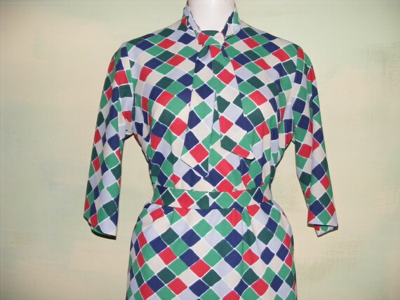 L 70s Mod Bold Geometric Shift Knit Dress Ascot R… - image 7