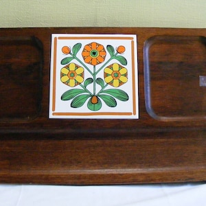 70s Vintage Danish Modern Teak Cheese Board  Wooden Tray Mid Century Flower Tile Retro Kitchen Serving Entertaining VFG