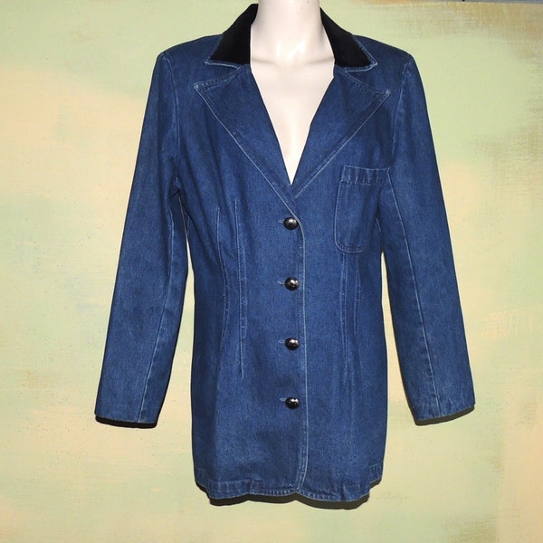 M Woman's Jean Jacket Black Velvet Collar Classy Western Blazer Embossed Silvertone Dome Buttons Vintage Indigo Blue Denim Peak Lapel VFG