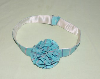 Vintage Rosette Rolled Rose Tie All Silk Blue w/ Pink and Silver Stripe Bow Tie VFG