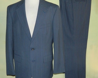 Vintage Chaps Ralph Lauren Steel Blue Pinstripe Wool Suit, Pleated Pants (36x31.5)