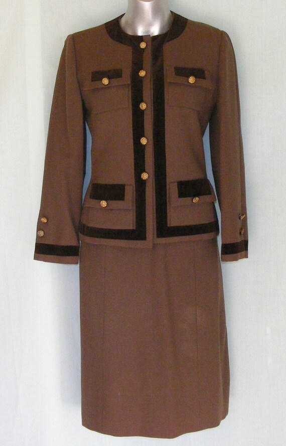 XS S 60s Brown Wool Skirt Suit Coffee Velvet Trim… - image 2