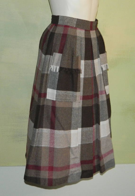 S M 27 Waist 1970s Vintage Plaid Skirt Brown Burg… - image 8