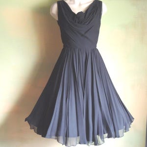 S Vintage 50s Miss Elliette Black Circle Dress Sheer Chiffon Over Taffeta Rolled Rose Sweetheart Bust Cocktail Party Swing Dance VFG