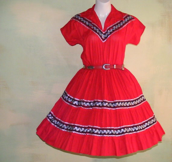 1950s Red Patio Dance Dress Swing Dance Sock Hop S
