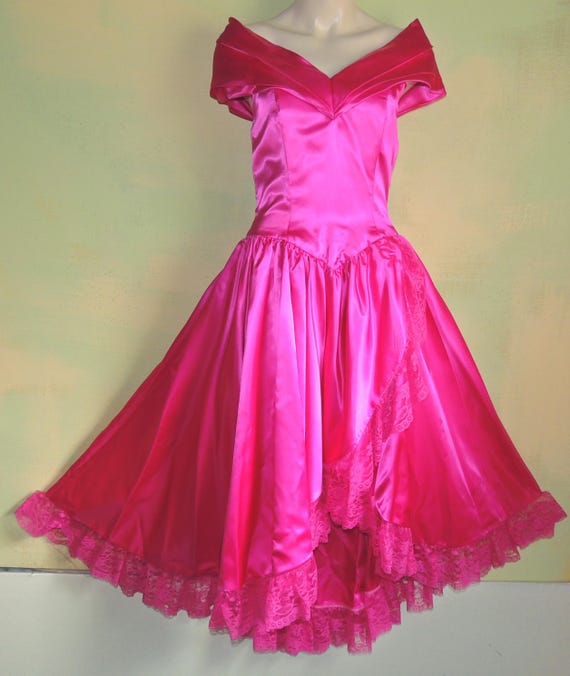 Vintage 80s Prom Dress: Hot Pink Satin, Lace, Off-shoulder, Full Skirt - Etsy Vintage 80s Prom Dress: Hot Pink Satin, Lace, Off-shoulder, Full Skirt - Etsy