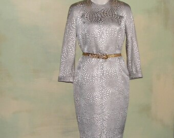 80s Icinoo Metallic Embroidered Party Dress, Silver Gold Pebble Texture (L)
