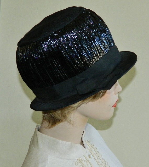 Vintage 50s 60s Mod Mushroom Bubble Hat Black Cel… - image 4