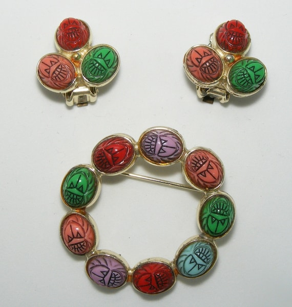 60S Etruscan Scarab Jewelry Pin Earrings Set Demi… - image 1