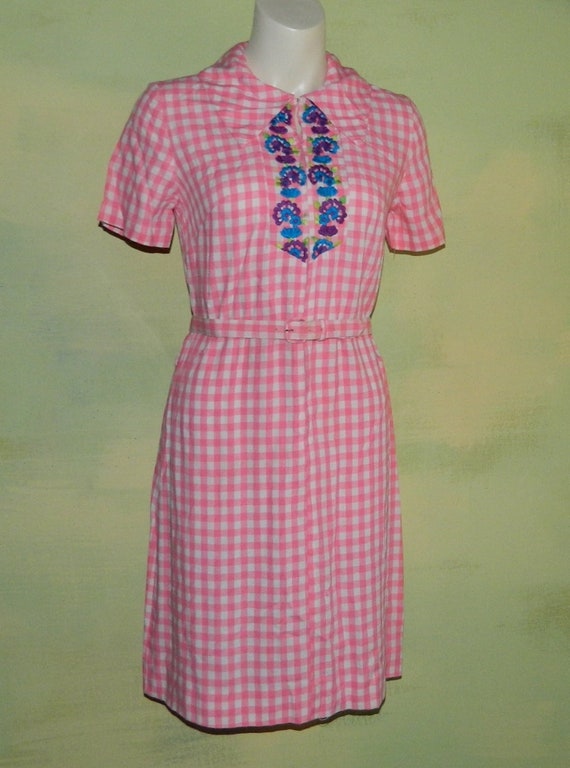 S 70s Zip Front Rayon Dress Pink and White Check … - image 1