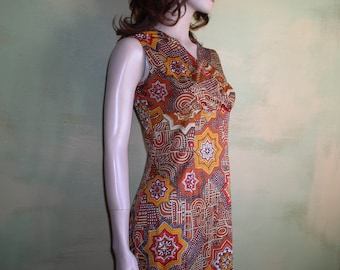 S Vintage Slip Dress 1960s Mod Hong Kong Knit Sleeveless Rust, Yellow, Red and Orange Maxi ooak VFG