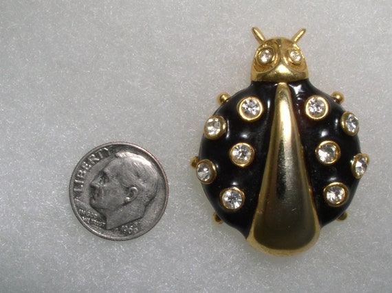 Black Beatle Ladybug Brooch Pin Enamel and Rhines… - image 1