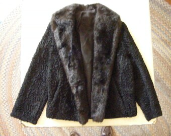 M Vintage 70s Black Faux Fur Coat Faux Persian Lamb Coat Wards Brown Faux Mink Shawl Collar Crop Jacket 40s Style VFG