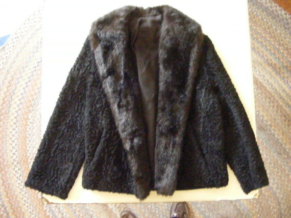 M Vintage 70s Black Faux Fur Coat Faux Persian La… - image 1