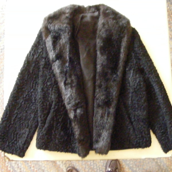 M Vintage 70s Black Faux Fur Coat Faux Persian Lamb Coat Wards Brown Faux Mink Shawl Collar Crop Jacket 40s Style VFG