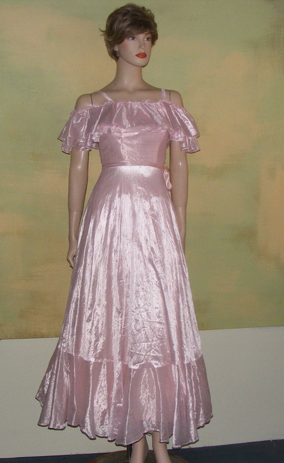 Vintage 1970s Iridescent Pink Maxi Gown with Ruching Details
