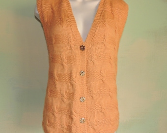 Hand Knit Buttery Soft Woman's Vest Caramel Candy Buttons Vintage Cable Knit