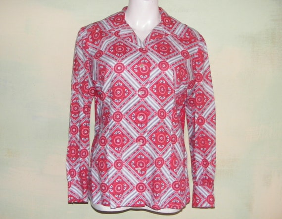 M L Western Red Bandana Print Shirt Blouse Patchw… - image 1