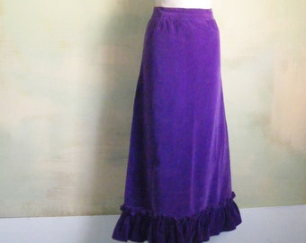 S Vintage Purple Velveteen Skirt Wide Ruffled Hemline Waist 26 Maxi Skirt Hippie Boho VFG