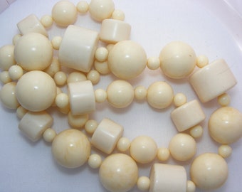 Vintage Chunky Bead Necklace, Ivory Cream Plastic Geometric Beads