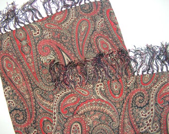 Paisley Foulard Scarf, Turkish Red Black Beige Geometric Design, Fringed Mens Scarf