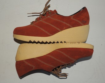 10 M 70s Armadillos Shoes Wedge Sole Brick / Rust Suede Lace Up Mod Shoes Non Slip VFG