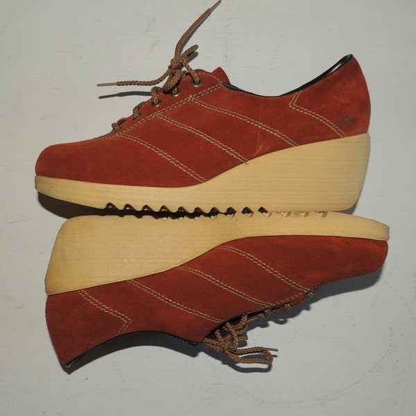 10 M 70s Armadillos Shoes Wedge Sole Brick / Rust Suede Lace Up Mod Shoes Non Slip VFG