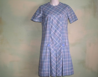 S Late 60S Vintage Drop Waist Scooter Dress Blue Green and Brown Plaid VFG