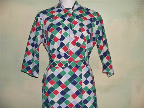 L 70s Mod Bold Geometric Shift Knit Dress Ascot R… - image 3