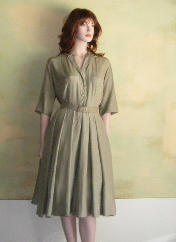 XS 1950s 50s Marjorie Montgomery Khaki Green Silk