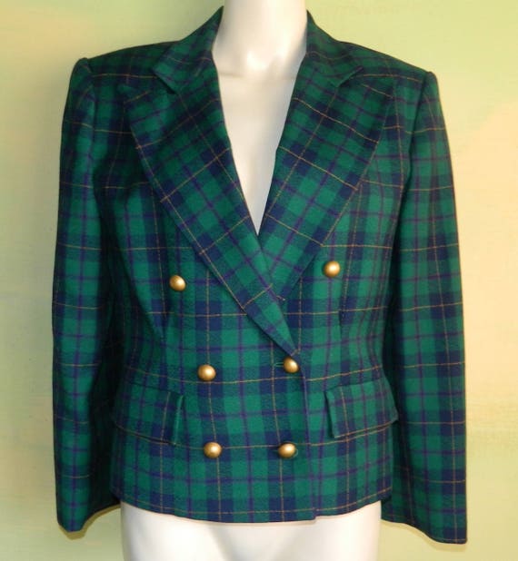 M 80s Wool Plaid Double Breasted Peak Lapel Jacke… - image 5