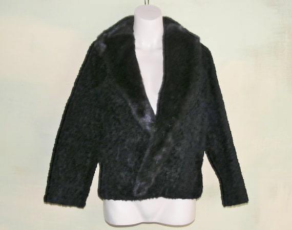 M Vintage 70s Black Faux Fur Coat Faux Persian La… - image 2