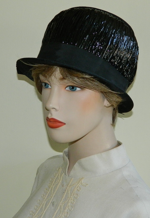 Vintage 50s 60s Mod Mushroom Bubble Hat Black Cel… - image 1