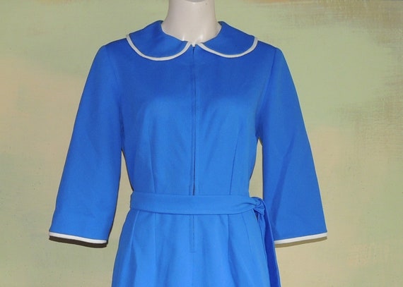 M 60s Royal Blue Zip Front Dress Peter Pan Collar… - image 1