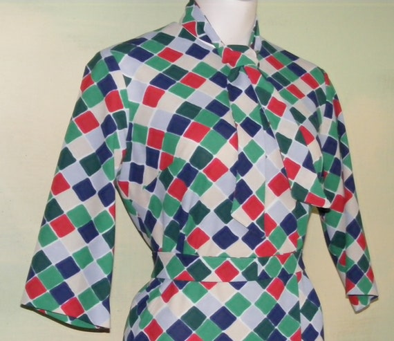 L 70s Mod Bold Geometric Shift Knit Dress Ascot R… - image 2