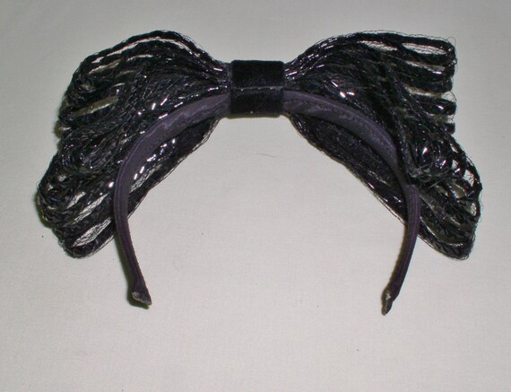 Cello Straw Black Bow Headband Vintage 1960s Mod … - image 1