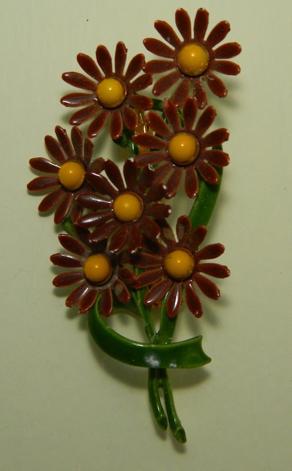 60s Lovely Brown Daisy Bouquet Enamel Pin Brooch S