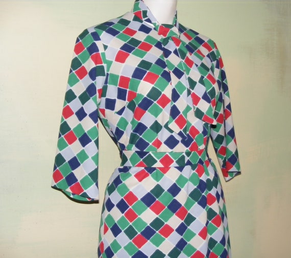 L 70s Mod Bold Geometric Shift Knit Dress Ascot R… - image 8