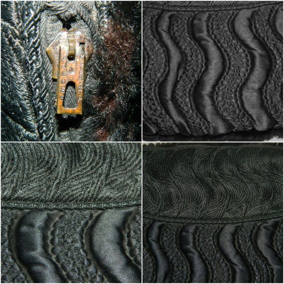30s 40s Vintage Fur Muff Black Needle Work Silk G… - image 5