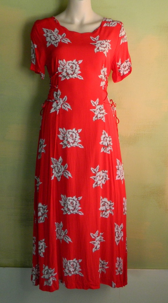 10 M  80s Cruise Red Rayon Dress Tropical Floral … - image 7