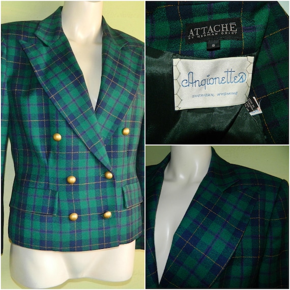 M 80s Wool Plaid Double Breasted Peak Lapel Jacke… - image 1