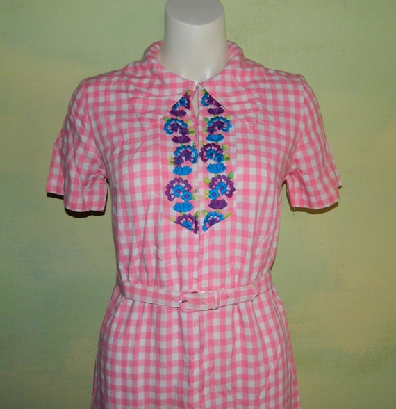 S 70s Zip Front Rayon Dress Pink and White Check … - image 3